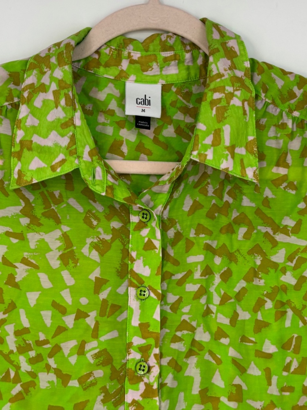 Cabi Womens Medium Popover Sleeveless Blouse Top Lime Green Print Semi Sheer - Picture 2 of 8